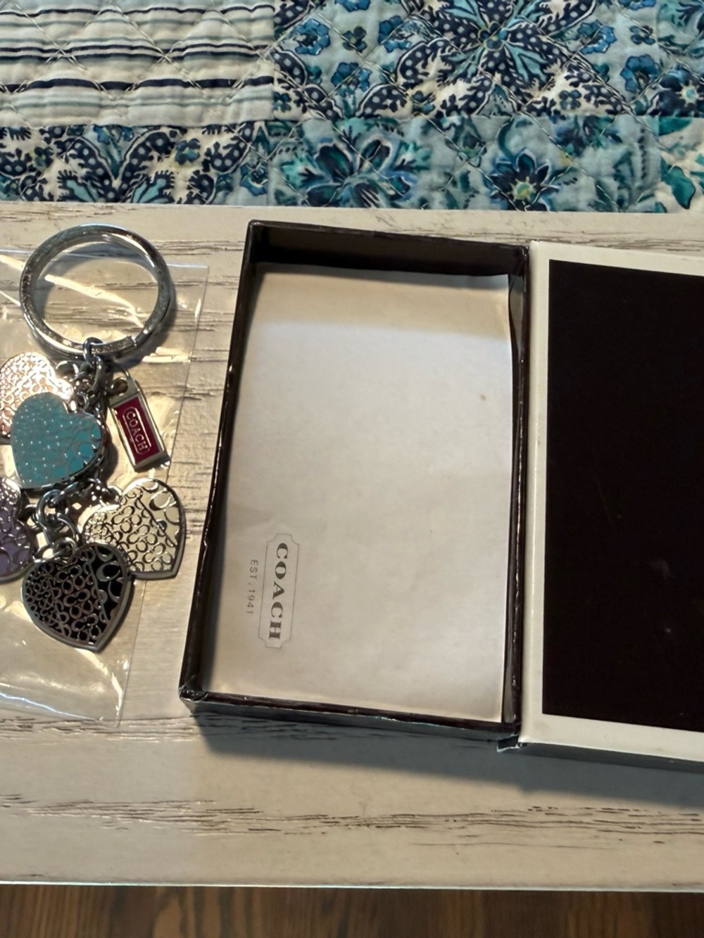 COACH Multicolor Enamel Heart Charm Key Ring - Blue, Pink, Purple, Cream, Black - Picture 2 of 2